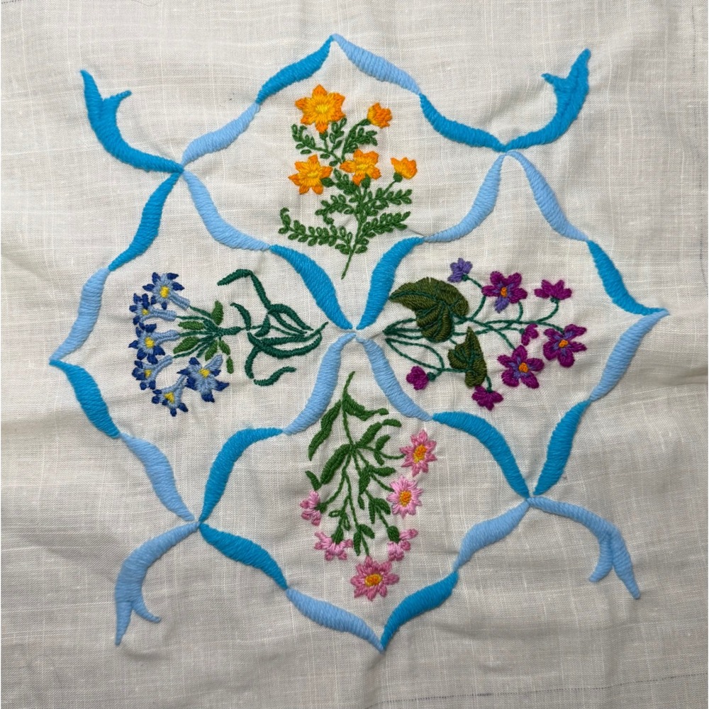 Vintage Hand Embroidered Floral Linen Napkin Doily Wildflower Botanical 17x16